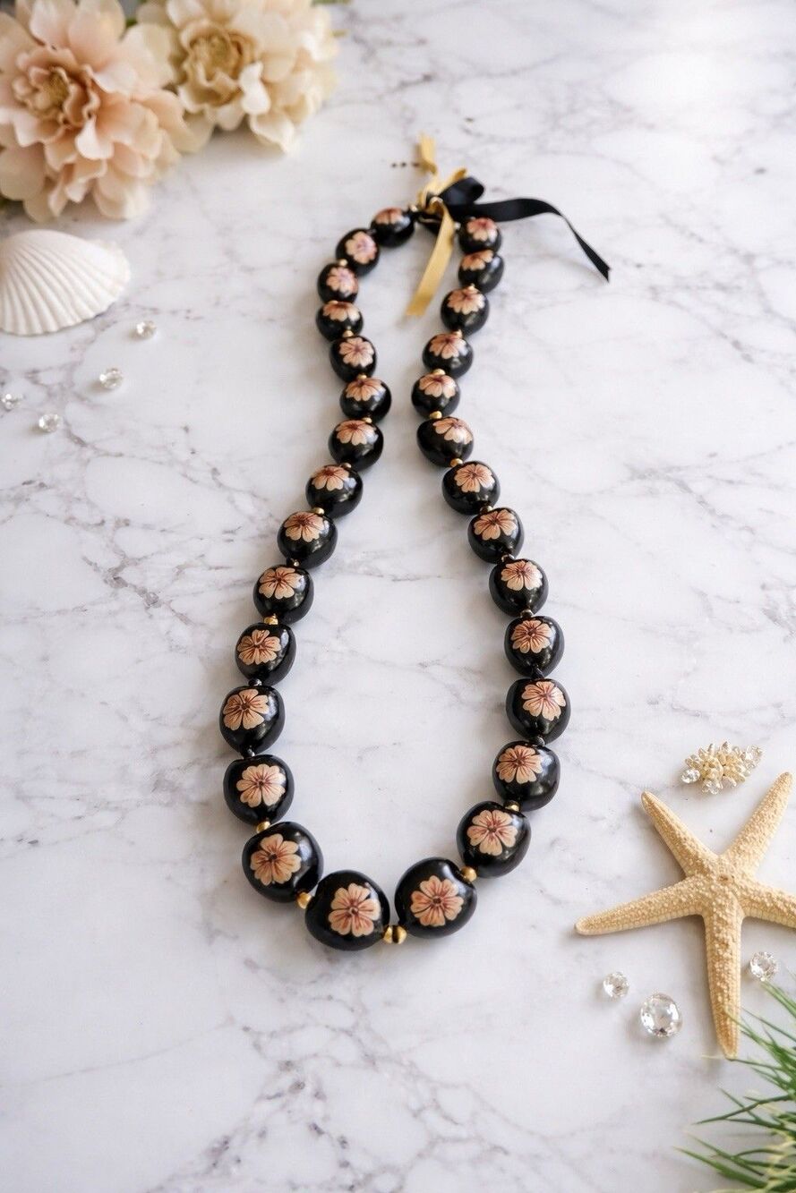 Kukui Nut Lei Pink Hibiscus Flower Necklace Graduation Wedding Hawaiian Luau